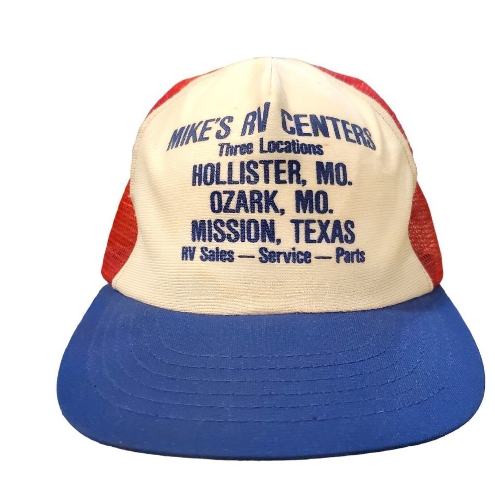 Vintage 80s RV Camping Snapback Mesh Trucker‎ Hat Red Blue Mikes RV Center
